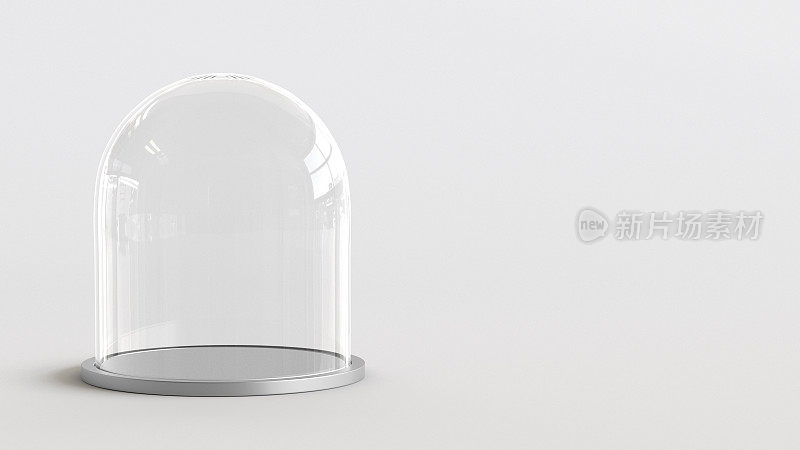玻璃圆顶与银色托盘在白色背景。3 d渲染。